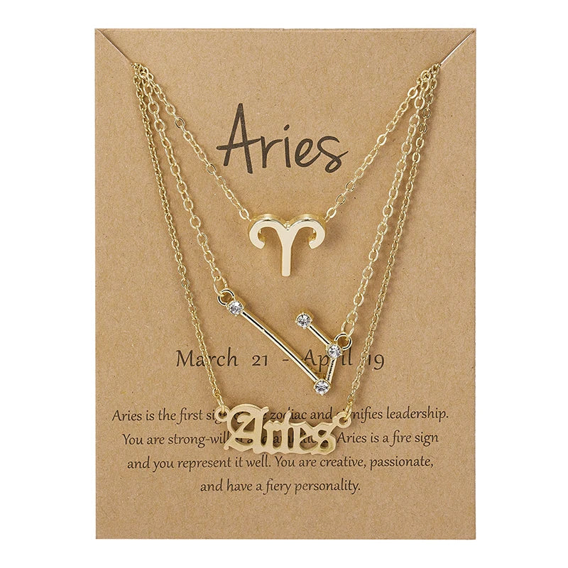 Women's 12 Zodiac Sign Necklace Set | 3pcs Constellation Pendant Choker Birthday Jewelry with Card