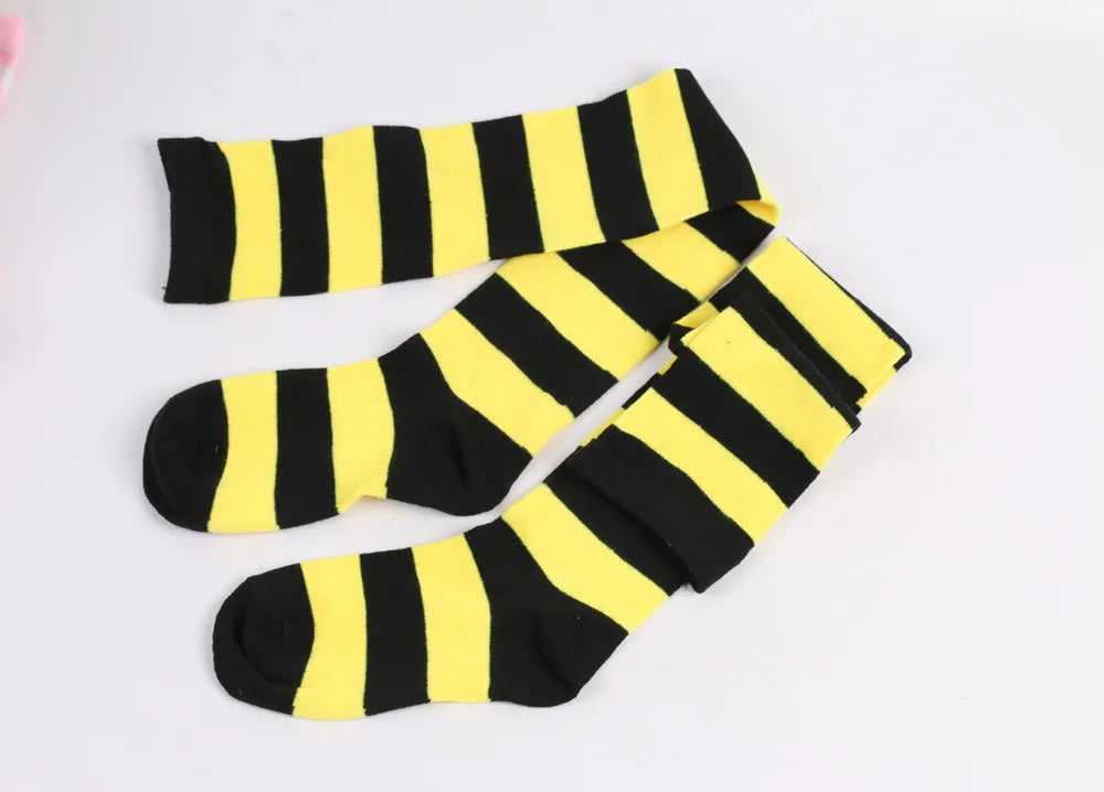 Women's Striped Thigh High Stockings | Black, White & Pink Over-Knee Lolita Harajuku Y2K Socks