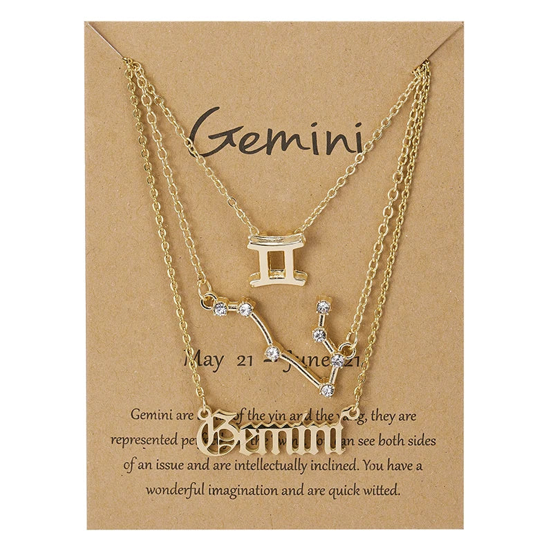 Women's 12 Zodiac Sign Necklace Set | 3pcs Constellation Pendant Choker Birthday Jewelry with Card