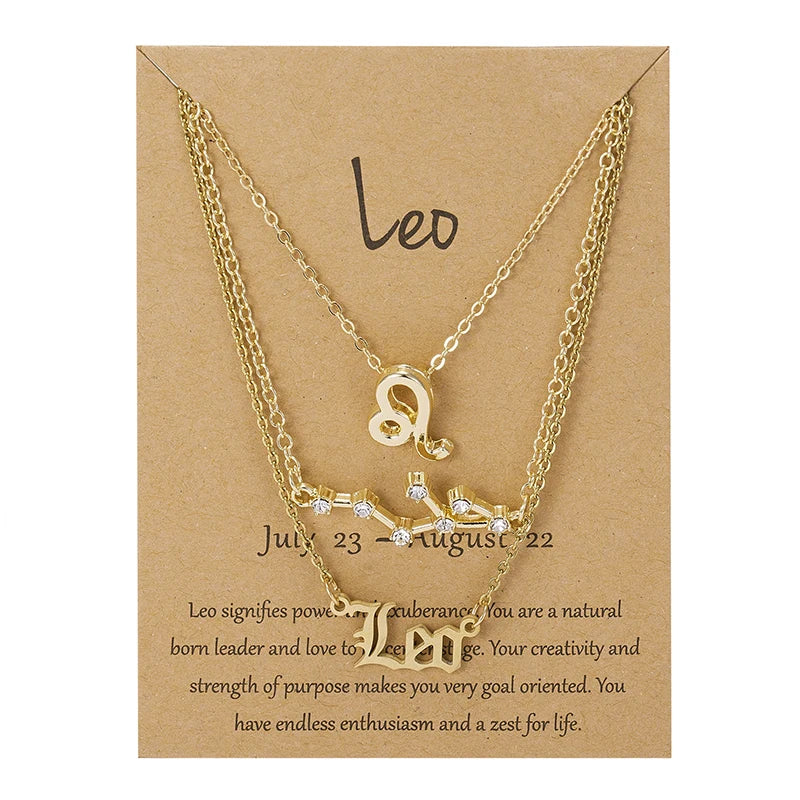 Women's 12 Zodiac Sign Necklace Set | 3pcs Constellation Pendant Choker Birthday Jewelry with Card