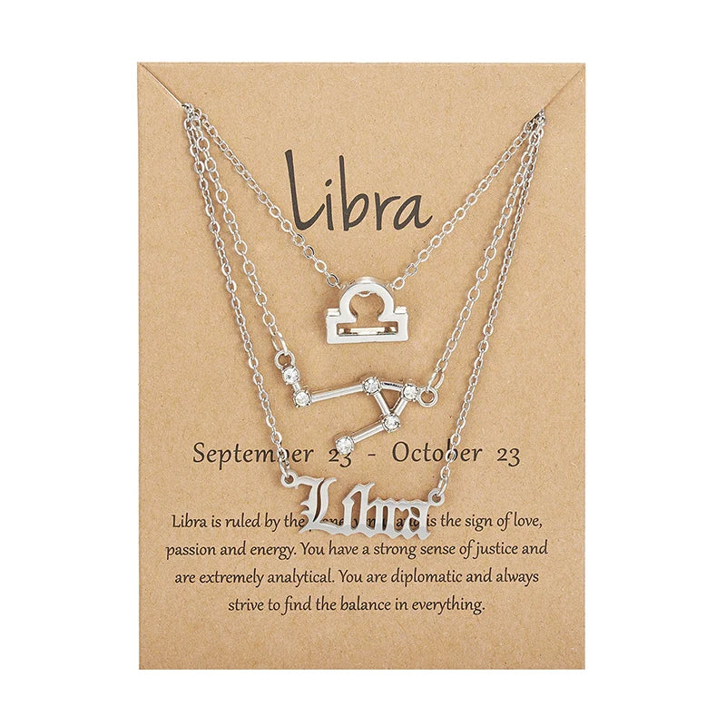 Women's 12 Zodiac Sign Necklace Set | 3pcs Constellation Pendant Choker Birthday Jewelry with Card