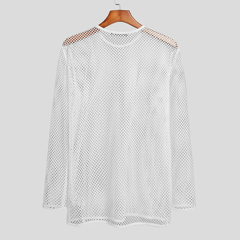 INCERUN Men's Mesh Transparent Long Sleeve T-Shirt – Streetwear Party Top | S–5XL