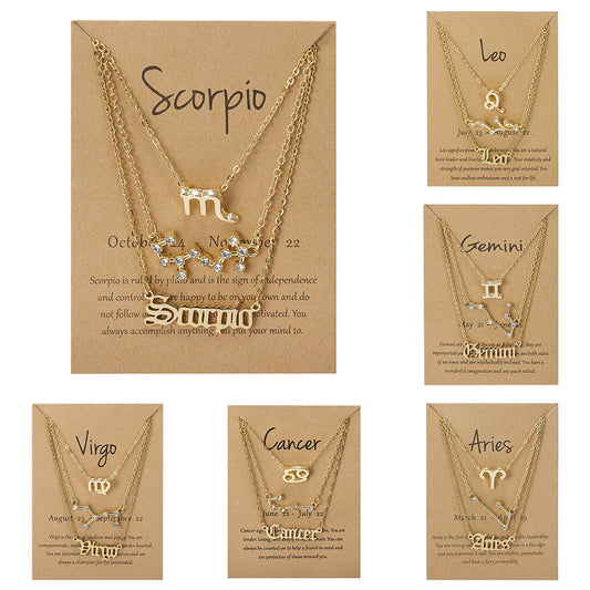Women's 12 Zodiac Sign Necklace Set | 3pcs Constellation Pendant Choker Birthday Jewelry with Card