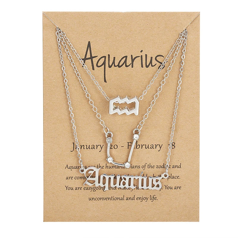 Women's 12 Zodiac Sign Necklace Set | 3pcs Constellation Pendant Choker Birthday Jewelry with Card