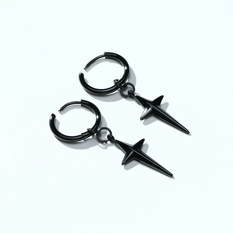 Men's Stainless Steel North Star Huggie Hoop Earrings | Piercing or Clip-On Cross Jewelry Gift