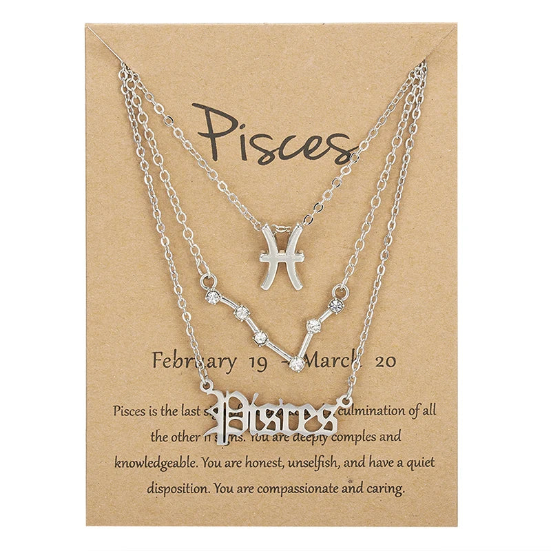 Women's 12 Zodiac Sign Necklace Set | 3pcs Constellation Pendant Choker Birthday Jewelry with Card
