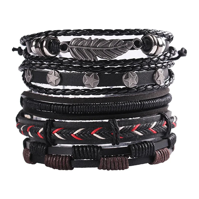 Men's Viking Leather Bracelet Woven Skull Adjustable Cuff