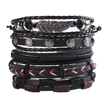 Men's Viking Leather Bracelet Woven Skull Adjustable Cuff