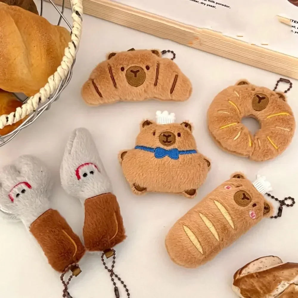 Cartoon Capybara & Croissant Plush Keychain | Soft Bread Food Stuffed Hanging Accessory