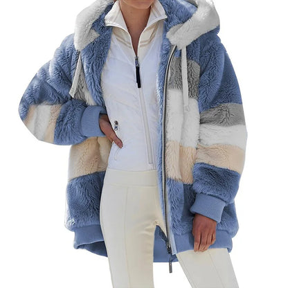 Women's Oversized Hooded Plush Jacket – Warm Zip-Up Streetwear Coat | S–5XL, 9 Colors