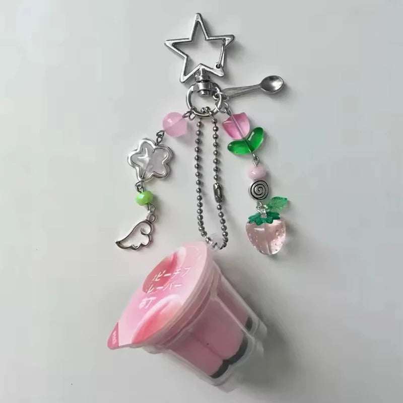 Love Heart Japanese Pudding Keychain | Y2K Retro Aesthetic Egg Flan Charm Beaded Accessory
