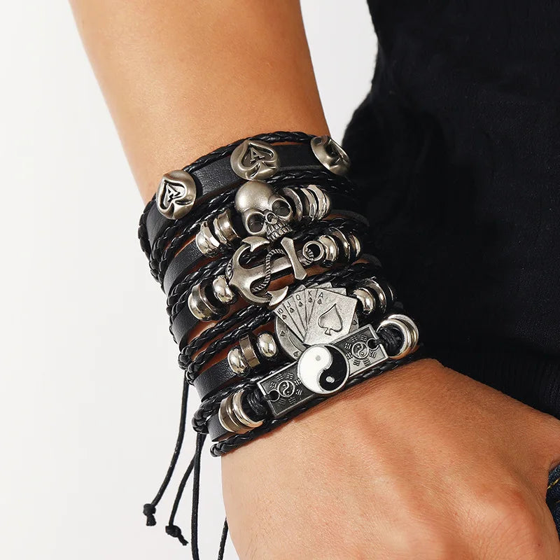 Men's Viking Leather Bracelet Woven Skull Adjustable Cuff