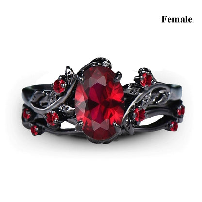 Charm Couple Rings Set | Women's Red Rhinestone Ring & Men's Stainless Steel Celtic Dragon Wedding Band