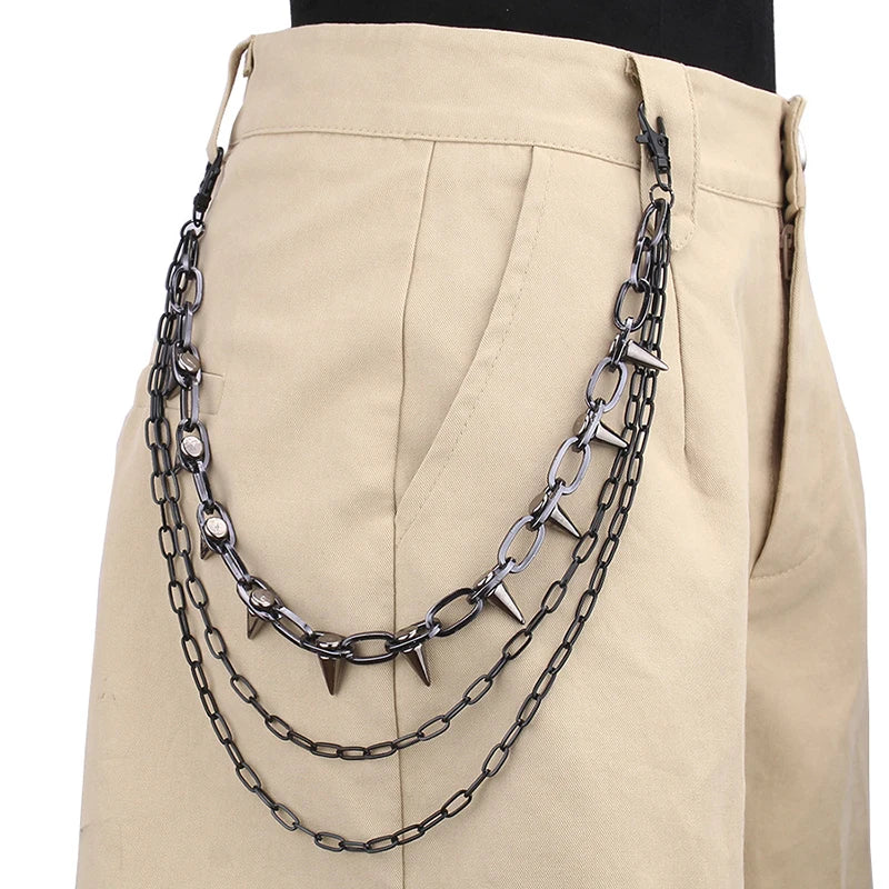 Men's Punk Spike Rivet Metal Pants Chain Belt Chain and Keychain