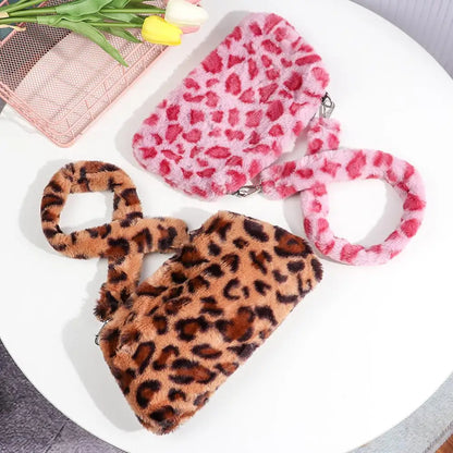 Women's Animal Print Leopard Plush Shoulder Bag | Casual Crossbody Messenger Bag for Ladies