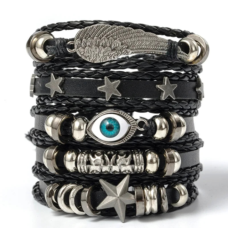 Punk Skull & Star Bracelet Set | 6pcs Unisex Alloy & PU Leather Chain Bracelets