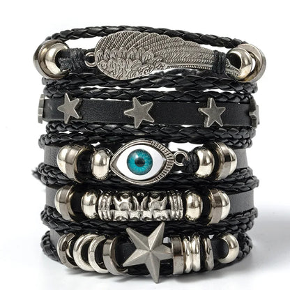 Punk Skull & Star Bracelet Set | 6pcs Unisex Alloy & PU Leather Chain Bracelets