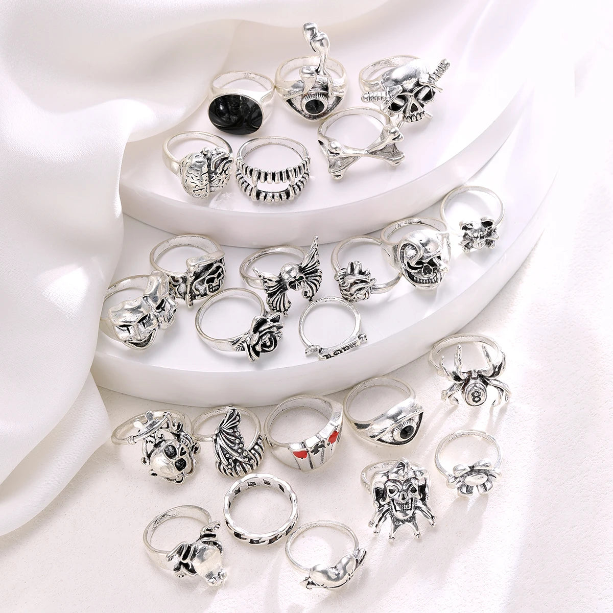 24 Piece Gothic Punk Ring Set for Men Skeleton Butterfly and Frog Jewelry
