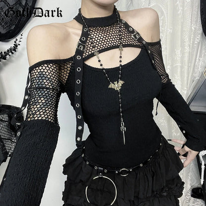 Women's Goth Dark Punk Fishnet Patchwork Off-Shoulder T-Shirt | Halter Crop Top Mall Gothic Streetwear