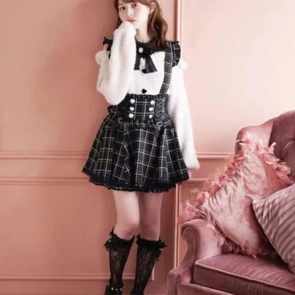 Japanese Gothic Lolita A-Line Mini Skirt – Sweet Kawaii Suspender Plaid | S–XL, Tops & Skirts