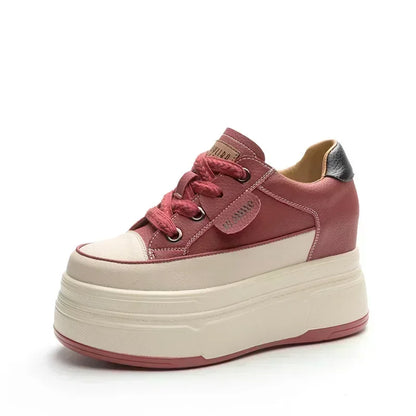 Fujin Women's Platform Sneakers – 9cm Genuine Leather High Heel Casual Shoes