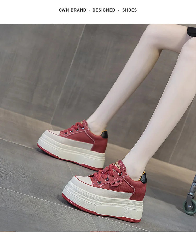 Fujin Women's Platform Sneakers – 9cm Genuine Leather High Heel Casual Shoes