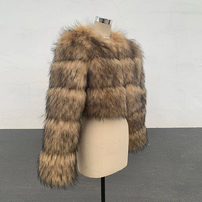 Cropped Faux Raccoon Fur Jacket for Women