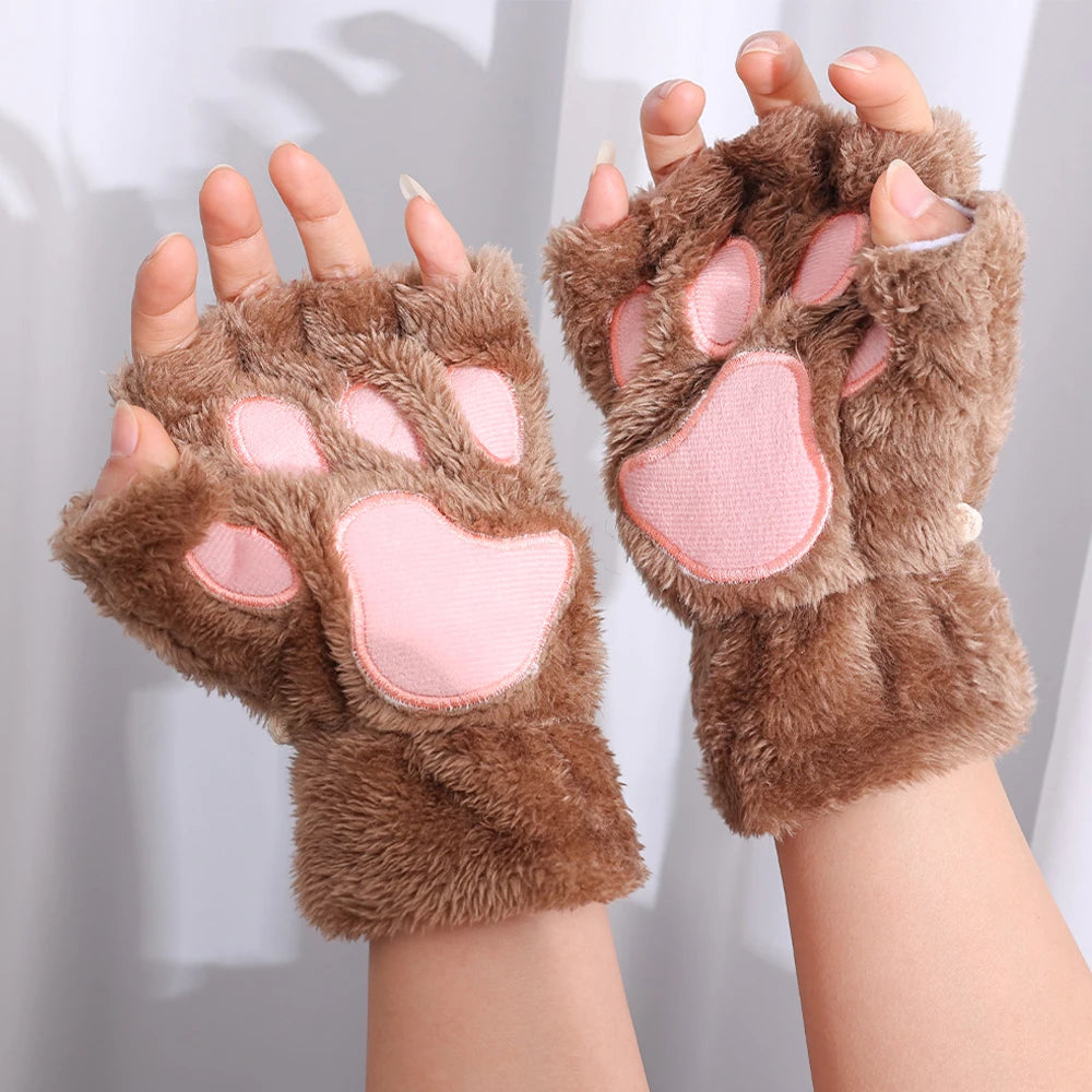 Cat Paw Plush Mittens – Cute Fingerless Fluffy Gloves for Women