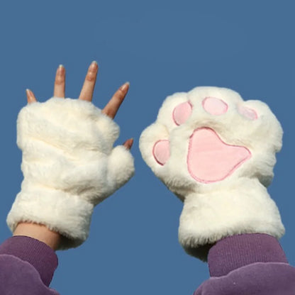 Cat Paw Plush Mittens – Cute Fingerless Fluffy Gloves for Women