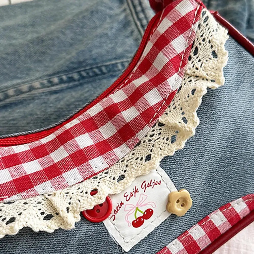 Women's Fashion Grid Shoulder Bag | Lace Ribbon Strap Underarm Handbag for Daily Commuting & Students