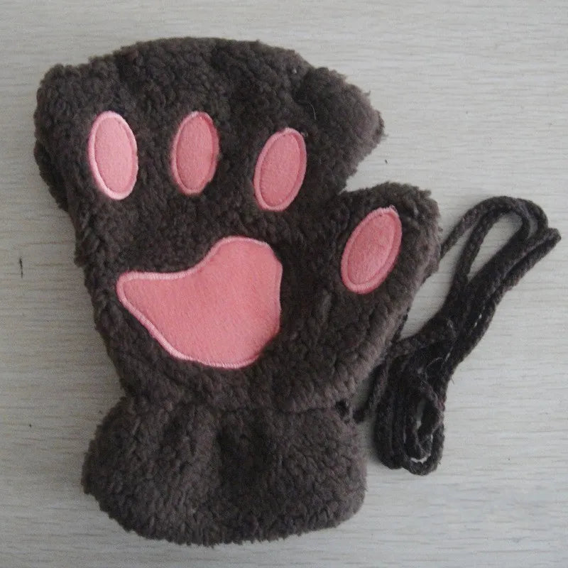 Cat Paw Plush Mittens – Cute Fingerless Fluffy Gloves for Women