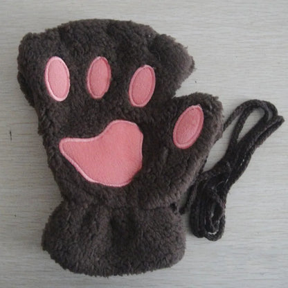 Cat Paw Plush Mittens – Cute Fingerless Fluffy Gloves for Women