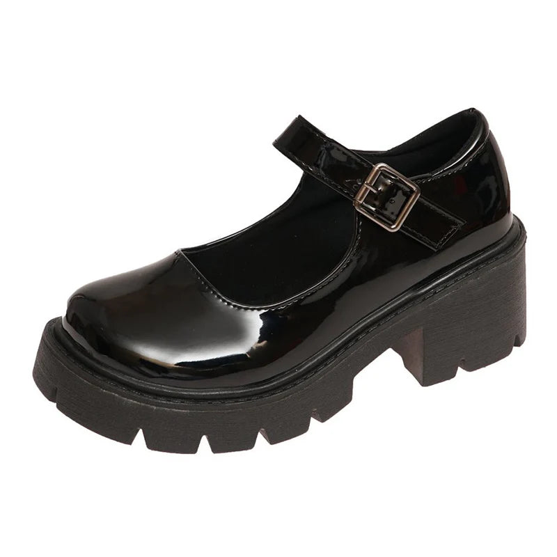 Women's Patent Leather Platform Mary Jane Pumps with Ankle Buckle