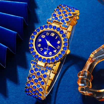 Women's 6PCS Elegant Jewelry & Watch Set | Blue Rhinestone Quartz Wristwatch with Fashion Accessories