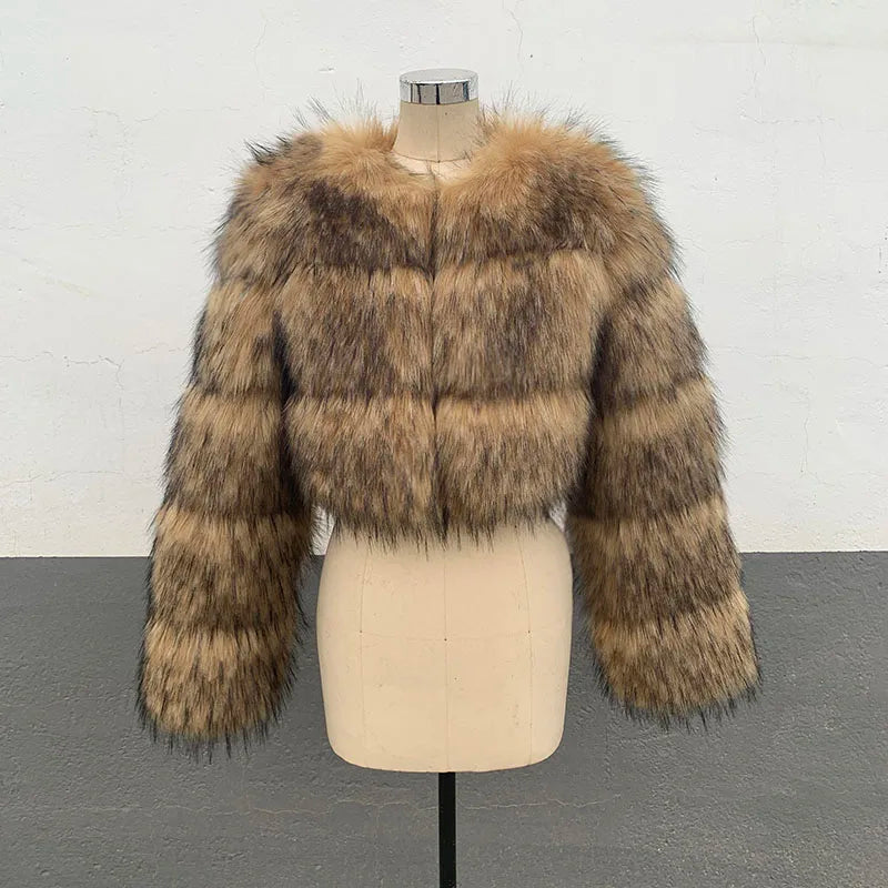 Cropped Faux Raccoon Fur Jacket for Women