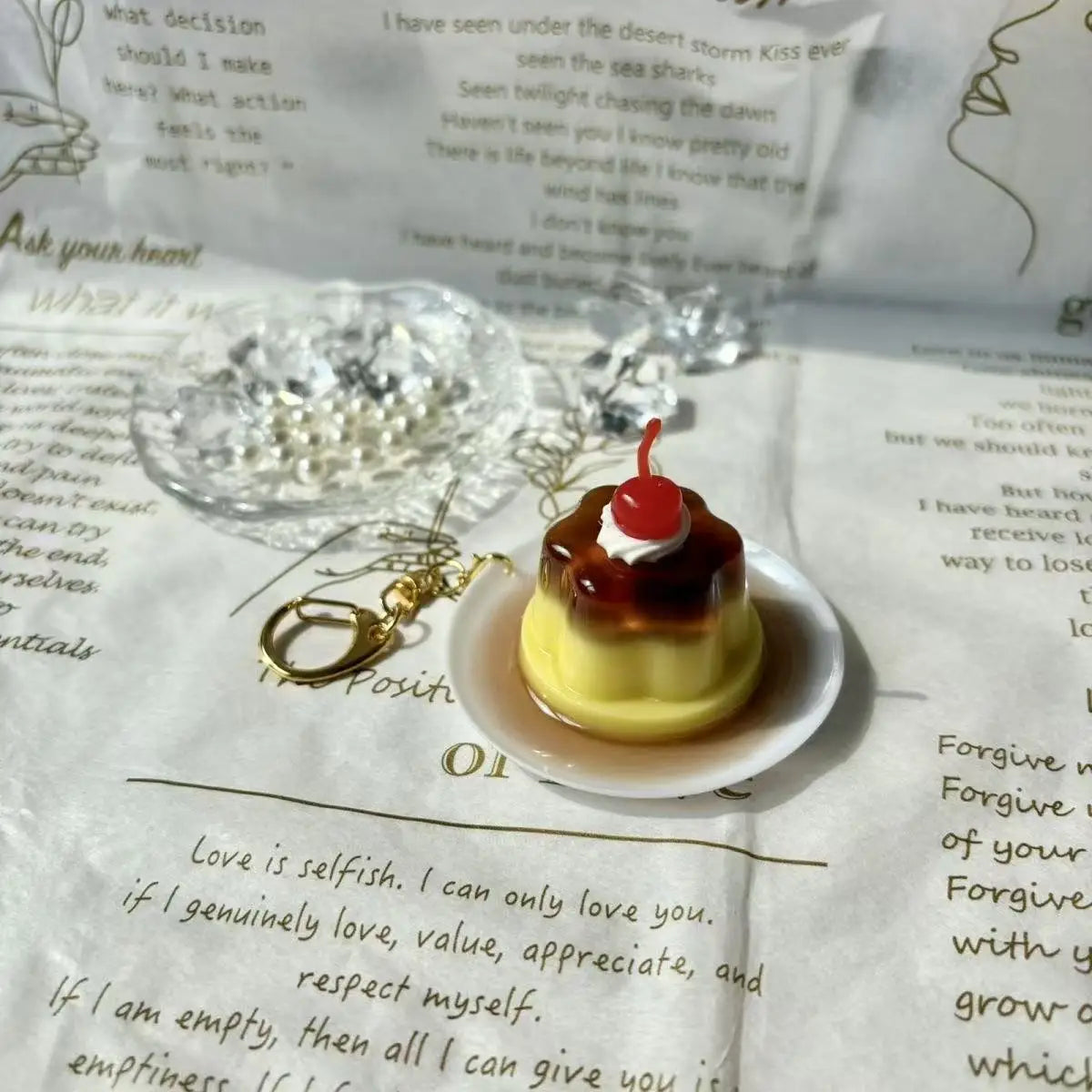 Cherry Pudding Keychain | Cute Caramel Cold Drink Snack Pendant Bag Accessory