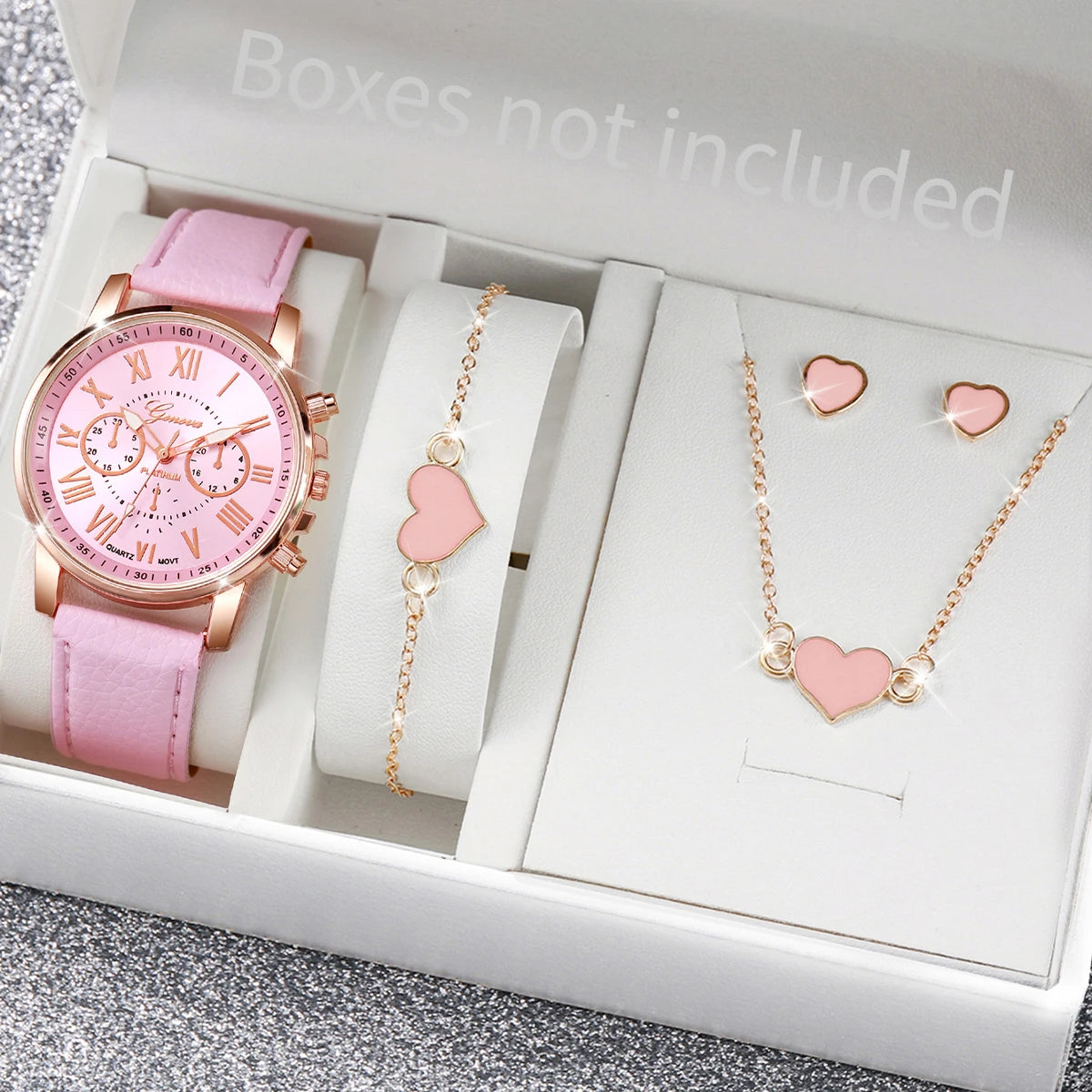 Women's Fashion Quartz Watch & Jewelry Set | 5/6pcs Heart Rhinestone Leather Band Wristwatch