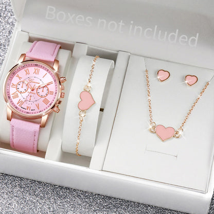 Women's Fashion Quartz Watch & Jewelry Set | 5/6pcs Heart Rhinestone Leather Band Wristwatch
