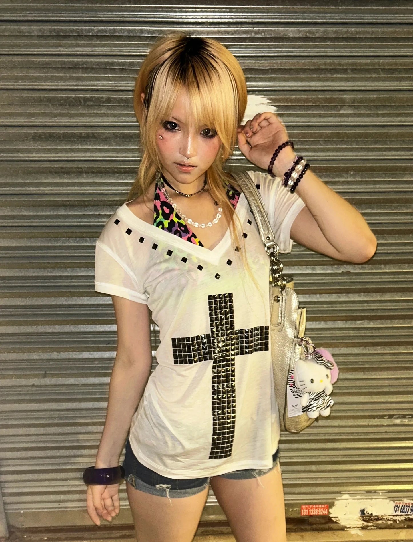 Women's Japanese Y2K Metal Cross Print T-Shirt | Harajuku Sheer Short Sleeve Streetwear Grunge Top