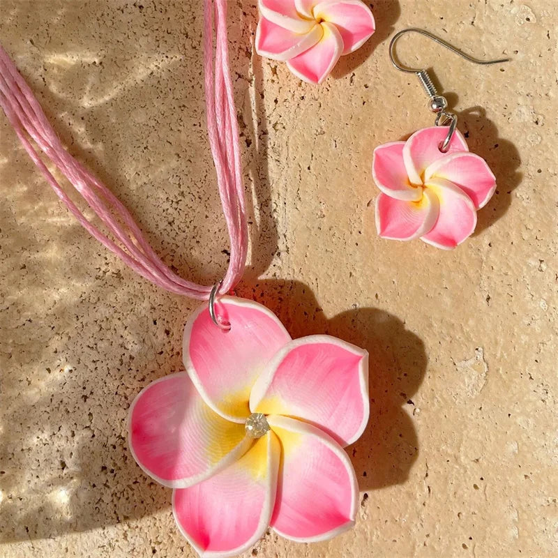 Bohemian Flower Braided Jewelry Set For Women Necklace Earrings Pink Red Blue