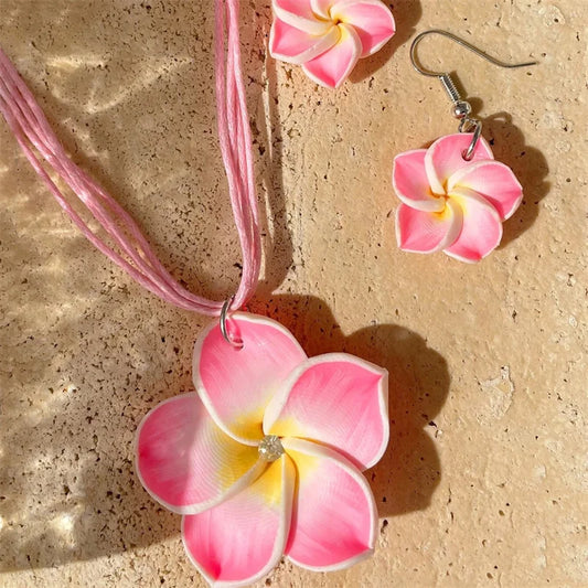 Bohemian Flower Braided Jewelry Set For Women Necklace Earrings Pink Red Blue