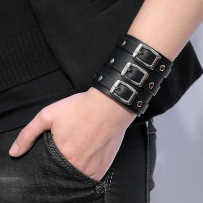 Men's Vintage Gothic Leather Wristband | Adjustable Punk Cuff Bracelet with Concealed Buckle