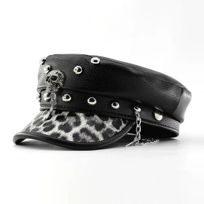 Women's Punk PU Leather Beret | Vintage Flat Top Military Cap for Outdoor & Casual Wear