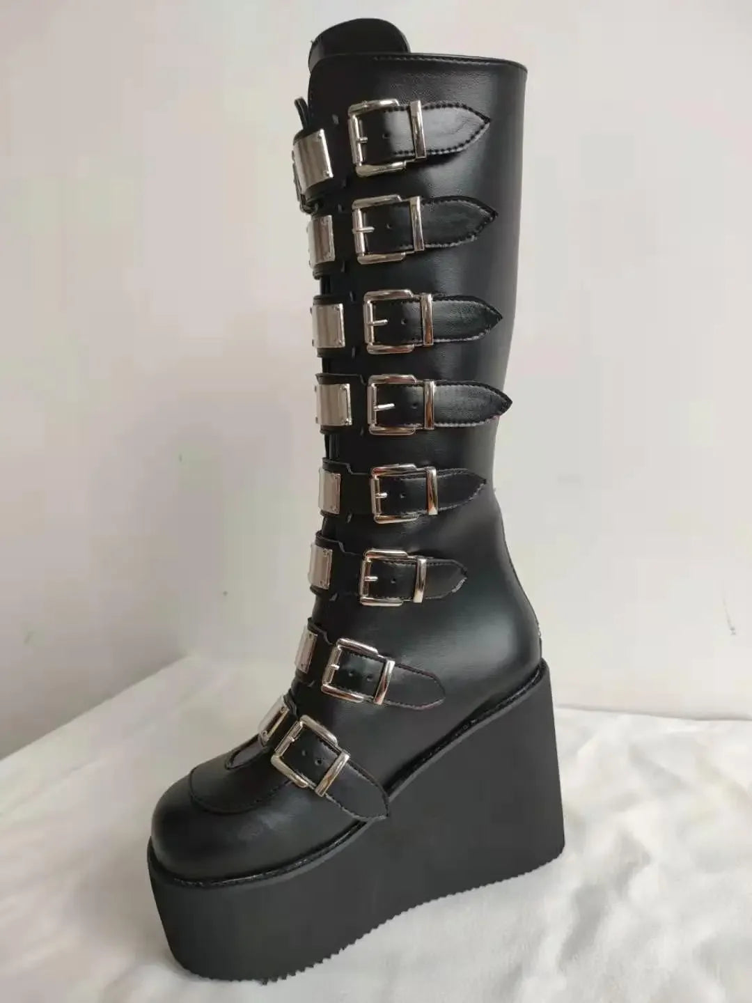 Women's Gothic Platform Wedge Mid-Calf Boots – Buckle Strap PU Leather | EU 35–43, 3 Colors