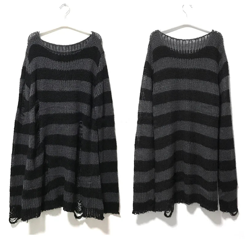 Women's Punk Gothic Hollow Out Sweater | Unisex Striped Loose Rock Dark Streetwear Top