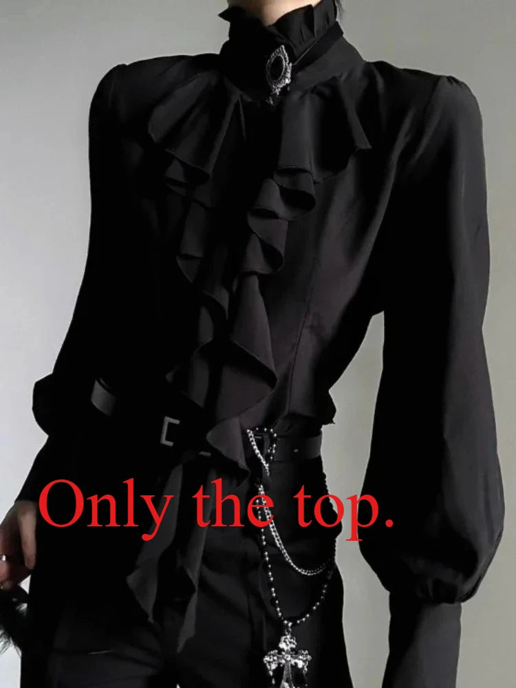 Women's Harajuku Vintage Black Bottoming Shirt | Stand Collar Ruffles Slim Japanese Victorian Long Sleeve Blouse