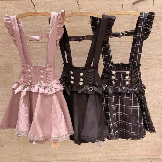 Japanese Gothic Lolita A-Line Mini Skirt – Sweet Kawaii Suspender Plaid | S–XL, Tops & Skirts