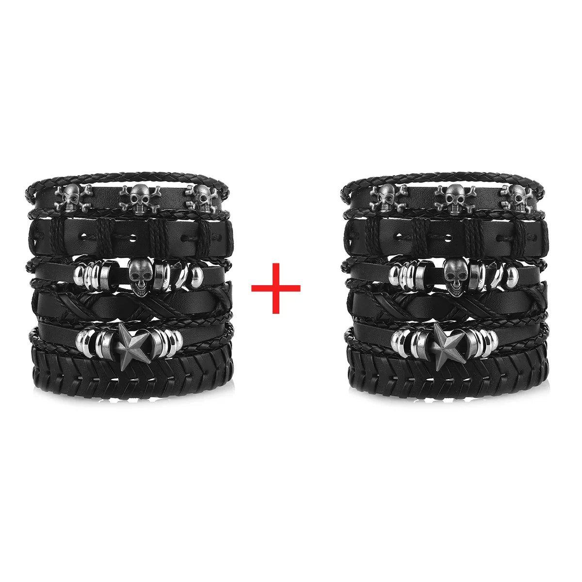 Men's Viking Leather Bracelet Woven Skull Adjustable Cuff