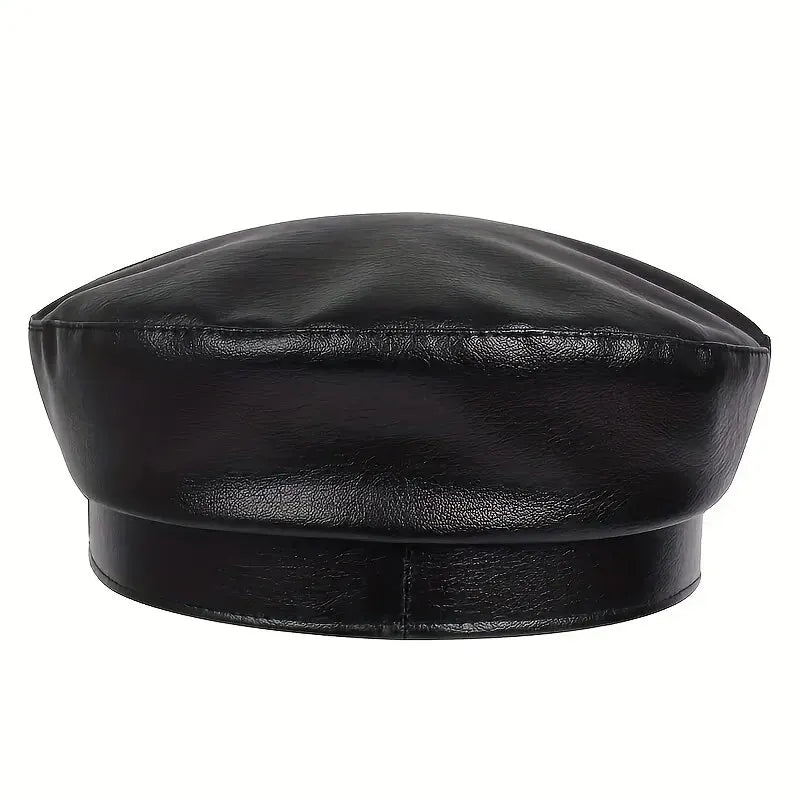 Unisex Large Belt Buckle Leather Beret | Spring Autumn Sailor Flat Top Military Cap for Men & Women