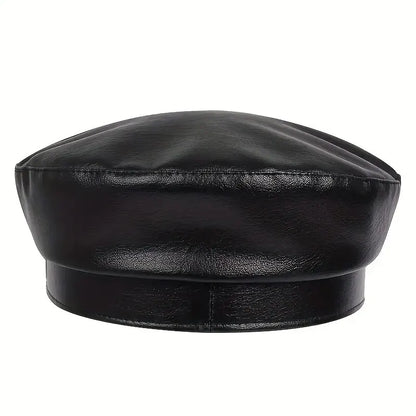Unisex Large Belt Buckle Leather Beret | Spring Autumn Sailor Flat Top Military Cap for Men & Women
